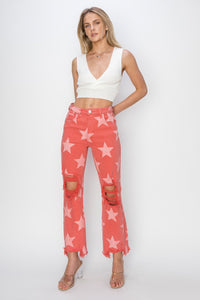 Born in the USA- Distressed Raw Hem Star Pattern Jeans