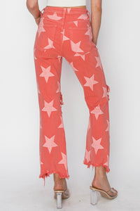 Born in the USA- Distressed Raw Hem Star Pattern Jeans