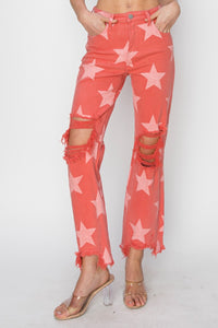 Born in the USA- Distressed Raw Hem Star Pattern Jeans