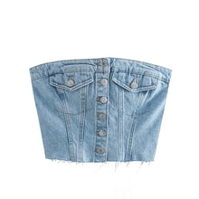 Load image into Gallery viewer, Bluey&#39;s Button Down Denim Bustier Crop Top -Strapless Denim