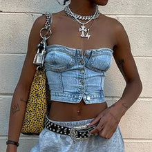 Load image into Gallery viewer, Bluey&#39;s Button Down Denim Bustier Crop Top -Strapless Denim