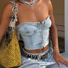 Load image into Gallery viewer, Bluey&#39;s Button Down Denim Bustier Crop Top -Strapless Denim