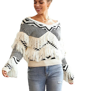 New Boho Slant-Knitted Sweater; off-the-shoulder