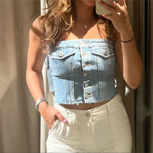 Load image into Gallery viewer, Bluey&#39;s Button Down Denim Bustier Crop Top -Strapless Denim