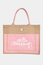 Load image into Gallery viewer, Hello Weekend Burlap Tote Bag