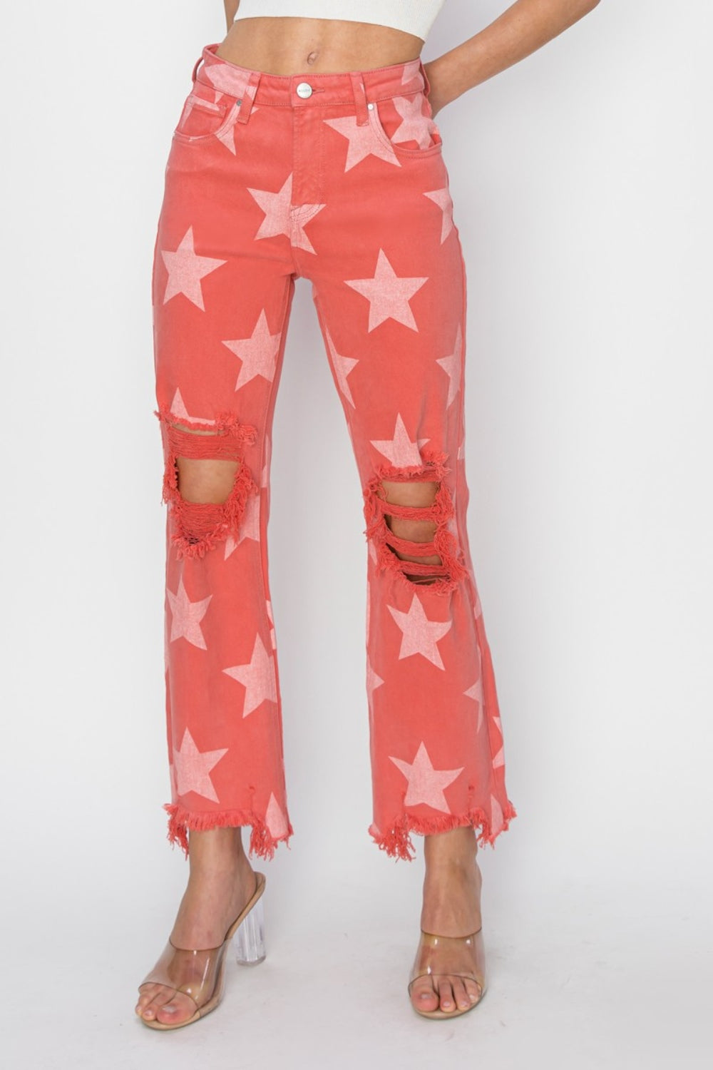 Born in the USA- Distressed Raw Hem Star Pattern Jeans