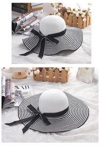 Hepburn Wind Black White Striped Bowknot Summer Sun Hat