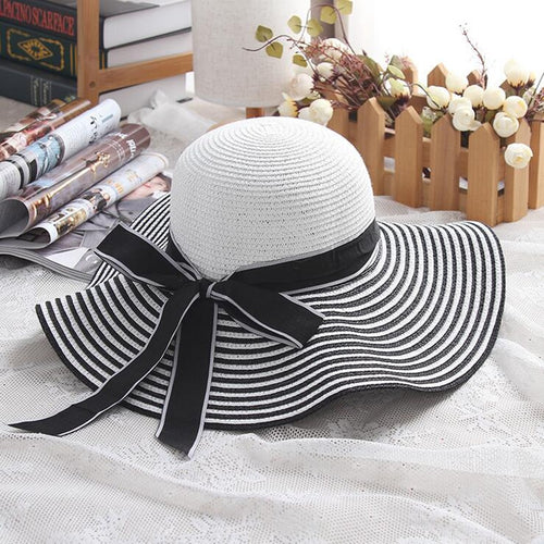 Hepburn Wind Black White Striped Bowknot Summer Sun Hat