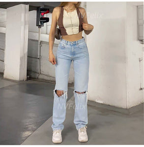 Ripped Y2K Leg High Waisted Loose Fit Jeans