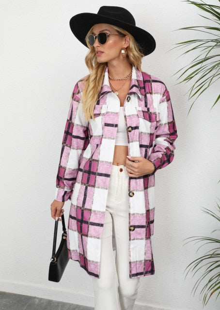 Tacy Turn-Down Collar Plaid Coat