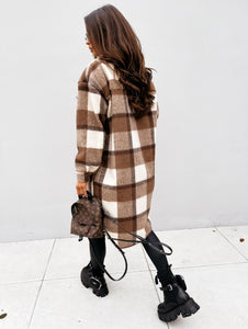 Tacy Turn-Down Collar Plaid Coat