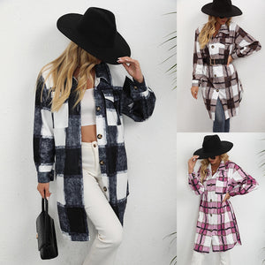 Tacy Turn-Down Collar Plaid Coat